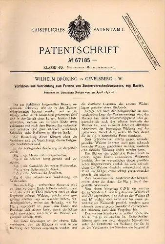 Original Patentschrift - Wilhelm Bröking in Gevelsberg i.W. , 1892 , Zuckerrohr - Schneidemesser , Hauer , Metallbau !!!