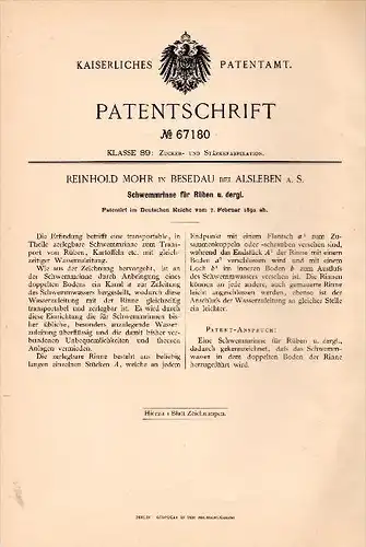 Original Patentschrift - Reinhold Mohr in Beesedau / Könnern , 1892 , Schwemmrinne für Rüben , Landwirtschaft , Cönnern