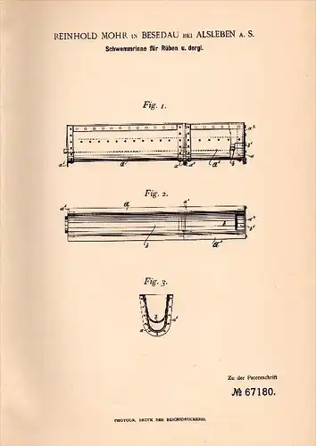 Original Patentschrift - Reinhold Mohr in Beesedau / Könnern , 1892 , Schwemmrinne für Rüben , Landwirtschaft , Cönnern