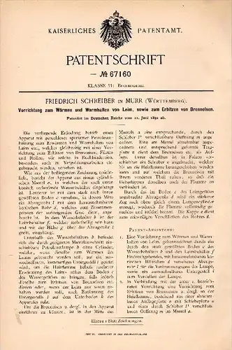 Original Patentschrift - Friedrich Schreiber in Murr , Württemberg ,1892, Apparat zum Wärmen von Leim , Buch - Binderei