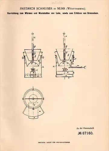 Original Patentschrift - Friedrich Schreiber in Murr , Württemberg ,1892, Apparat zum Wärmen von Leim , Buch - Binderei