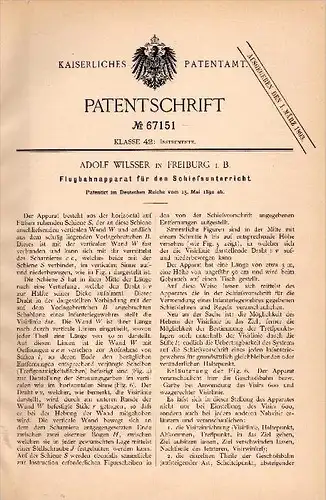 Original Patentschrift - Adolf Wilsser in Freiburg i.B. , 1892 , Flugbahn - Apparat für Schießunterricht , Schützenzunft