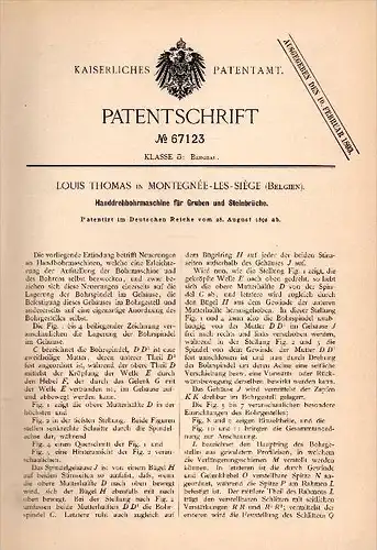 Original Patentschrift - Louis Thomas in Montegnee lez Liege , 1892 , Bohrmaschine für Grube und Steinbruch , Bergbau !!