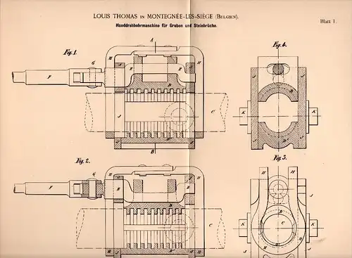 Original Patentschrift - Louis Thomas in Montegnee lez Liege , 1892 , Bohrmaschine für Grube und Steinbruch , Bergbau !!