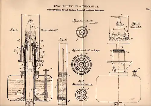 Original Patentschrift - Franz Fikentscher in Zwickau i.S. , 1896 , Glühlampen mit flüssigem Brennstoff , Leuchter !!!