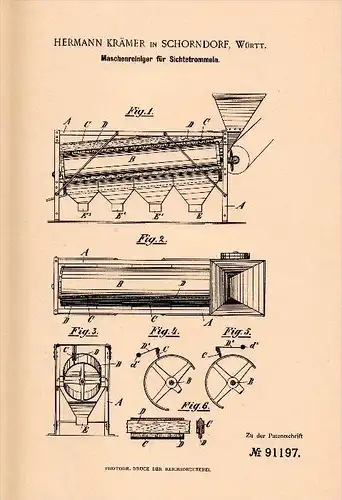 Original Patentschrift - Hermann Krämer in Schorndorf , 1896 , Maschenreiniger , Bürsten , Landwirtschaft !!!