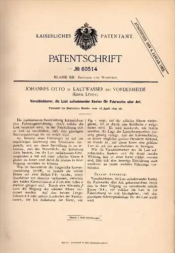Original Patentschrift -J. Otto in Kaltwasser b. Vorderheide / Kreis Lüben ,1891, Fuhrwerk - Kasten , Lubin i. Schlesien