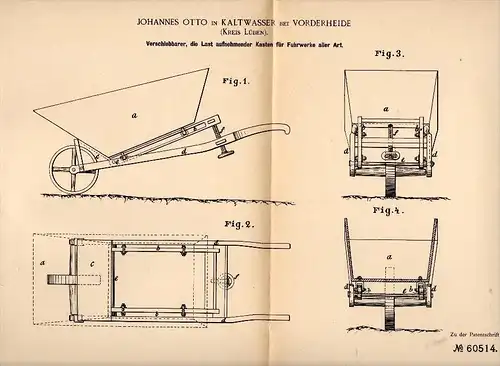 Original Patentschrift -J. Otto in Kaltwasser b. Vorderheide / Kreis Lüben ,1891, Fuhrwerk - Kasten , Lubin i. Schlesien