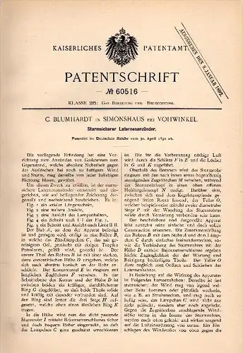 Original Patentschrift - C. Blumhardt in Simonshaus b. Vohwinkel / Wuppertal , 1891 , sturmsicherer Anzünder für Laterne