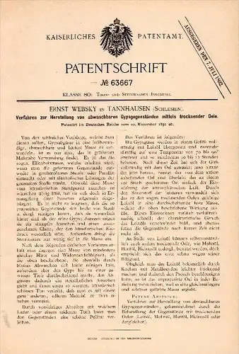 Original Patentschrift - E. Websky in Tannhausen / Jedlinka , 1891, abwaschbarer Gips , Charlottenbrunn / Jedlina-Zdrój