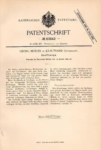 Original Patentschrift -  Georg Möller in Krautsand b. Drochtersen , 1892 , Kneifzange , Zange , Werkzeug !!!