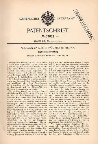 Original Patentschrift - Wilhelm Ratzer in Mödritz / Mod&#345;ice , 1891 , Eisenbahn - Apparat zur Unglückverhinderung !