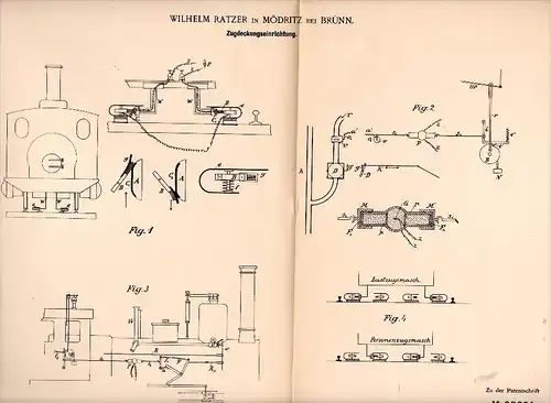 Original Patentschrift - Wilhelm Ratzer in Mödritz / Mod&#345;ice , 1891 , Eisenbahn - Apparat zur Unglückverhinderung !