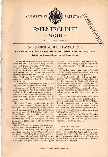 Original Patentschrift - Dr. Heinrich Müller in Haynau /  Chojnów i. Schlesien , 1892 , Beizen von Glacéleder , Leder !!