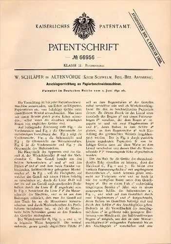 Original Patentschrift - W. Schläper in Altenvörde / Ennepetal , 1892 , Apparat für Papier - Schneidemaschine , Schwelm