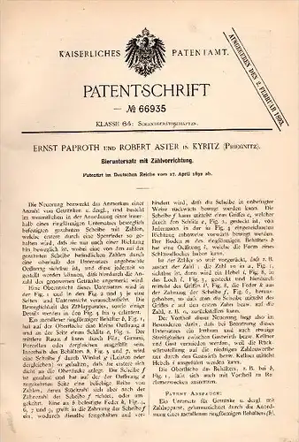 Original Patentschrift - Ernst Paproth und Robert Aster in Kyritz / Prignitz ,1892, Bier - Untersatz mit Zähler , Kneipe