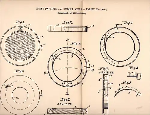Original Patentschrift - Ernst Paproth und Robert Aster in Kyritz / Prignitz ,1892, Bier - Untersatz mit Zähler , Kneipe