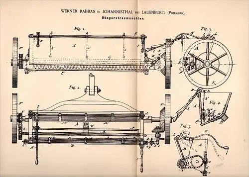 Original Patentschrift - W. Rabbas in Johannisthal b. Lauenburg / Lebork i. Pommern , 1892 , Düngerstreuer , Agrar !!!