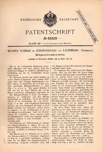 Original Patentschrift - W. Rabbas in Johannisthal b. Lauenburg / Lebork i. Pommern , 1892 , Düngerstreuer , Agrar !!!