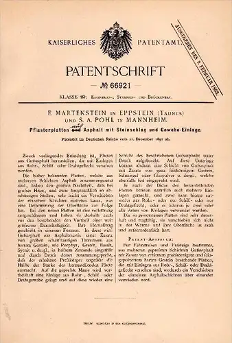 Original Patentschrift - E. Martenstein in Eppstein i. Taunus , 1891 , Pflasterplatten mit Gewebe , S. Pohl in Mannheim