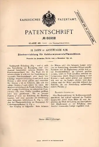 Original Patentschrift - H. Jahn in Arnswalde / Neumark , 1891, Zündvorrichtung für Kohlenwasserstoffmaschinen !!!