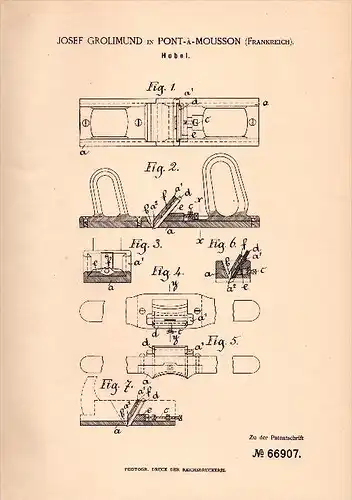 Original Patentschrift - J. Grolimund dans Pont a Mousson , 1892 , Planer pour le bois, la menuiserie !!!