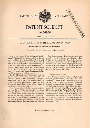 Original Patentschrift - C. Chelius in Rumbeck b. Arnsberg , 1892 , Formpresse für Schuhe aus Papier , Schuhmacher !!!