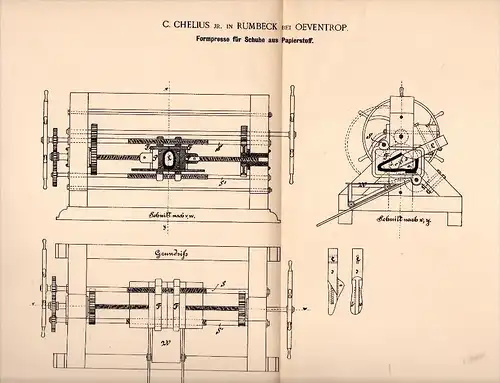 Original Patentschrift - C. Chelius in Rumbeck b. Arnsberg , 1892 , Formpresse für Schuhe aus Papier , Schuhmacher !!!