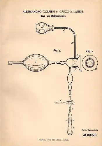 Original Patentschrift -A. Golfieri in Greco Milanese , 1894, Macchina aspiratore per il seno, il latte materno , Milano
