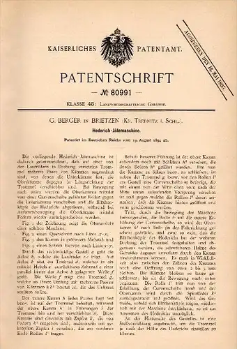 Original Patentschrift -G. Berger in Brietzen / Brzyków , Kr. Trebnitz i. Schlesien , 1894 , Jätemaschine , Trzebnica !!