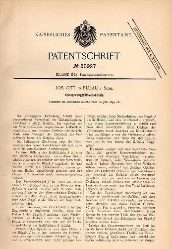 Original Patentschrift - Jos. Ott in Eulau / I&#322;awa &#346;l&#261;ska , 1894 , Konserven - Verschluß , Einwecken , Ei