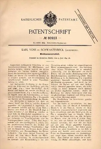 Original Patentschrift -  Karl Voss in Schwarzenbek / Lauenburg , 1894 , Verschluß für Milchkanne , Milch , Molkerei !!!