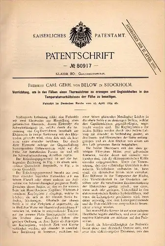 Original Patentschrift - Freiherr Carl Gerhard von Below in Stockholm , 1894 , Thermalstromerzeugung in Füßen !!!