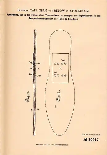 Original Patentschrift - Freiherr Carl Gerhard von Below in Stockholm , 1894 , Thermalstromerzeugung in Füßen !!!