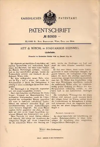 Original Patentschrift - Ritt & Büechl in Stadtamhof - Steinweg b. Regensburg , 1894 , Läuterhahn für Brauerei , Bier !!