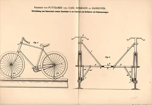 Original Patentschrift - Freiherr von Puttkamer und C. Rissmann in Hannover , 1894 , Fahrrad für Schienen , Eisenbahn !!