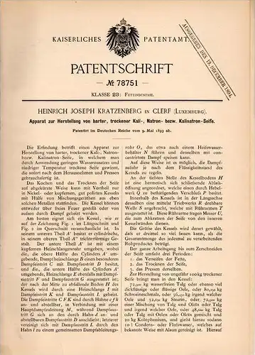 Original Patentschrift - H. Kratzenberg in Clerf , Luxembourg , 1893 , Herstellung von Seife , Luxemburg , Klierf !!!