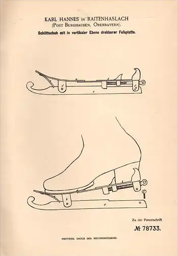 Original Patentschrift - Karl Hannes in Raitenhaslach b. Burghausen , 1894 , Schlittschuh , Eiskunstlauf , Eislauf !!!