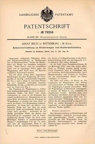 Original Patentschrift - A. Beltz in Wittenburg i. Mecklenburg , 1894 , Schutz für Kinderwagen , Kind , Kindergarten !!!