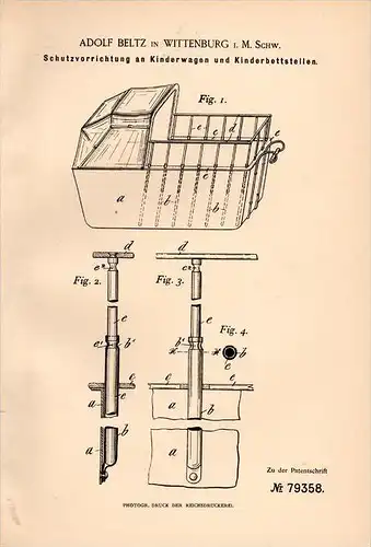 Original Patentschrift - A. Beltz in Wittenburg i. Mecklenburg , 1894 , Schutz für Kinderwagen , Kind , Kindergarten !!!