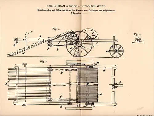 Original Patentschrift - Karl Jordan in Moos b. Geroldshausen , 1894, Schollenbrechen für Landwirtschaft , Agrar , Pflug