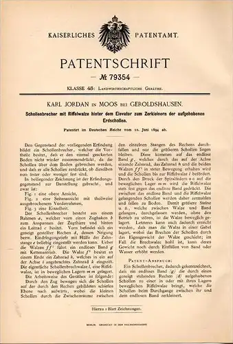 Original Patentschrift - Karl Jordan in Moos b. Geroldshausen , 1894, Schollenbrechen für Landwirtschaft , Agrar , Pflug