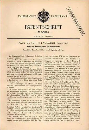 Original Patentschrift - Paul Dumur in Lausanne , 1889 , Instrument für Buchdruck , Druckerei , Bücherei , Druck !!!