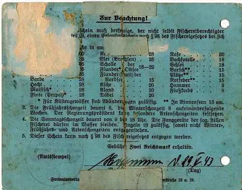 Fischereischein für Reichsangehörige 1943 , Glogau / Glogów , Fisch , Fischerei !!!