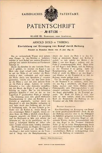 Original Patentschrift - A. Dold in Triberg , 1895 , Apparat zur Erzeugung von Dampf durch Reibung !!!