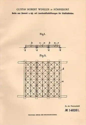 Original Patentschrift - G. Winkler in Röhrsdorf b. Klipphausen , 1902 , Bohle aus Zement , Jaucheabfluß , Stall , Agrar