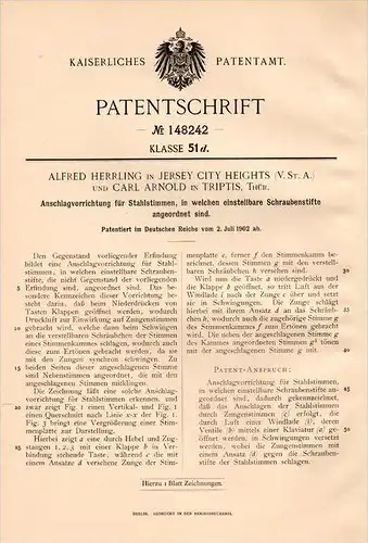Original Patentschrift - Carl Arnold in Triptis i.Th., 1902 , Anschlagapparat für Stahlstimmen , Instrumente , Musik !!!