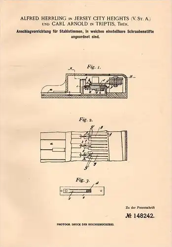 Original Patentschrift - Carl Arnold in Triptis i.Th., 1902 , Anschlagapparat für Stahlstimmen , Instrumente , Musik !!!