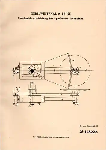 Original Patentschrift - Gebr. Westphal in Peine , 1903 , Apparat für Speckwürfelschneider , Speck , Metzger , Fleischer