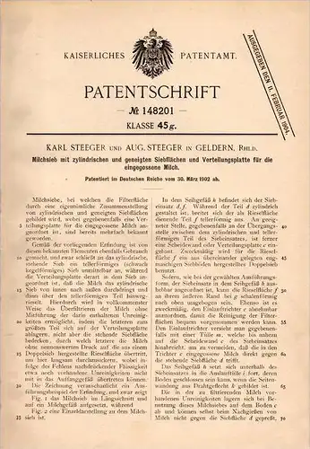Original Patentschrift - K. Steeger in Geldern , Rhld., 1902 , Milchsieb , Milch , Molkerei , Landwirtschaft , Kuh !!!